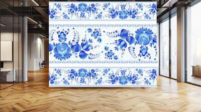 Blue painted flowers in Russian gzhel style vector seamless lines patterns borders set on white background Wall mural