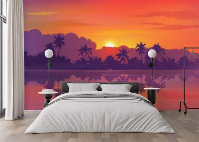 Colorful tropic sunset view to palm trees forest silhouettes with calm ocean water reflection. Vector banner illustration Wall mural