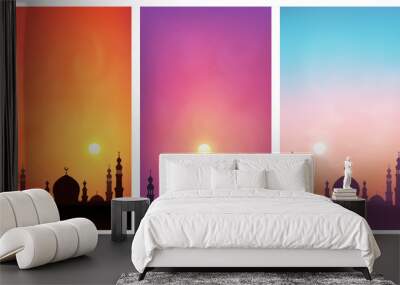 Dark mosque silhouette on colorful sunset sky background. Set of vector poster backdrops Wall mural