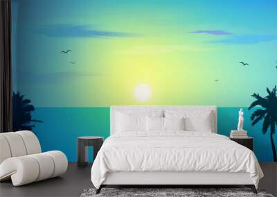 Dark palm trees silhouettes on blue tropical ocean sunrise background, vector illustration Wall mural