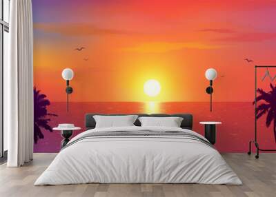 Dark palm trees silhouettes on colorful tropical ocean sunset background, vector illustration Wall mural