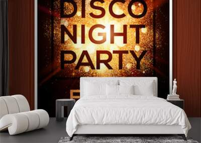 Disco night party vector poster template with shining golden spotlights background Wall mural