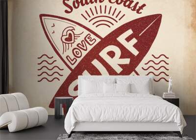 Red vector crossing surfing boards stamp with hand drawn sign Love, Live, SURF on grunge vintage background Wall mural