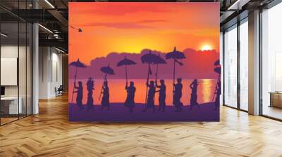 Traditional Balinese religious ceremony, people with umbrellas silhouettes on colorful sunset background. Vector horizontal banner illustration Wall mural