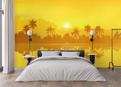 Yellow tropical island with palm trees silhouettes sunset or sunrise view in fog and clouds, vector banner illustration Wall mural