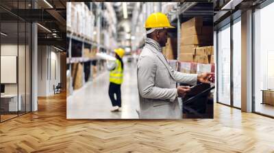 Portrait of smiling african american engineer man order details on tablet checking goods and supplies on shelves with goods background in warehouse.logistic and business export Wall mural