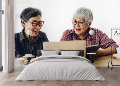 Portrait of two friend happy senior adult elderly asia women smiling and working with laptop computer at home.Retirement concept Wall mural