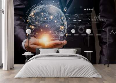 Success Businessman with digital technology link internet connection network earth global application world digital on open hand.hologram icon and business world success technology on black background Wall mural