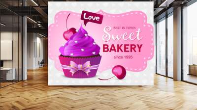 Flyer sweet bakery, homemade desserts, sweets. Banner template, gift card muffins store. Chocolate cake. Vector illustration Wall mural