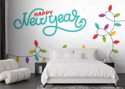 Happy New Year banner and garlands with colorful lamps on a white background. Concept card or invitation for holiday or festival. Vector, illustration Wall mural