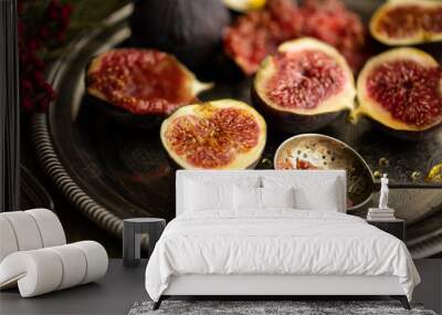 Ripe sweet figs on a metal tray. Healthy Mediterranean figs. close-up Wall mural