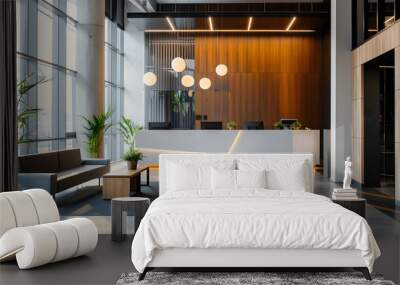 A sleek and modern reception area of an office building with large windows, showcasing contemporary design elements like wooden panels, white walls, gray concrete floors Wall mural