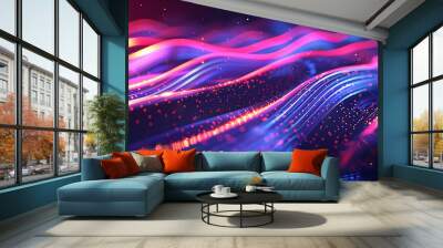 abstract background with neon glowing lines and bokeh lights on a dark purple backdrop. Digital illustration of futuristic waves in the style of blue and pink colors Wall mural