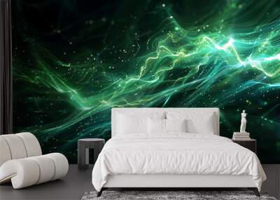 abstract green energy waves with glowing particles on a dark background Wall mural