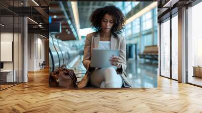 Black businesswoman using a tablet while sitting on a bench in an airport terminal. The woman with curly hair wearing a beige blazer Wall mural