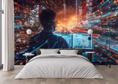 cyber security professional in the midst of data analytics, surrounded by digital streams and code symbols Wall mural