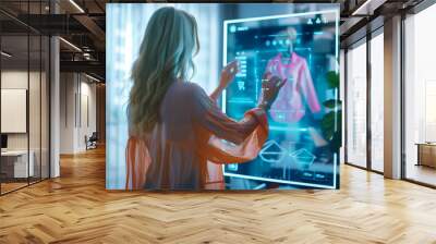 ecommerce concept, woman wearing a pink blouse is standing in front of a large glass panel with a holographic display,  futuristic shopping online  Wall mural