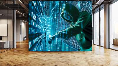 hacker in a green hoodie is breaking into a computer with a binary code background, data , cyber security concept Wall mural