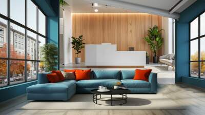 Modern reception room in an office building with a white front desk and wooden wall panels, a large window on the right side, plant decor, a minimalistic interior design Wall mural