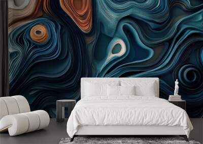 3D render abstract topographic pattern with swirling dark blue, orange, and grey layers creating a captivating and dynamic visual texture Wall mural