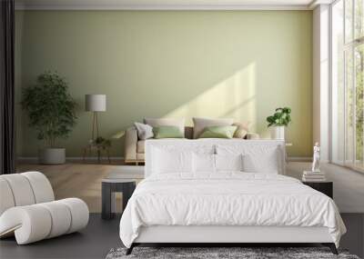 A cozy, bright apartment with huge panoramic windows flooded with sunlight. bedroom in white, beige and pistachio tones. stylish living room with coffee table and large white sofa Wall mural