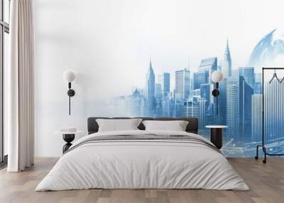 Abstract blue gradient background with white border featuring a globe and modern city skyline Wall mural