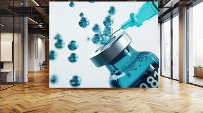 Close-up image of a syringe needle inserting into a vial filled with blue liquid, surrounded by molecular bubbles in a laboratory setting Wall mural