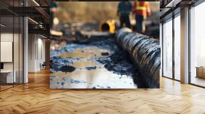 Close-up of a cracked oil pipeline leaking oil onto muddy ground with workers in the background addressing the environmental hazard Wall mural