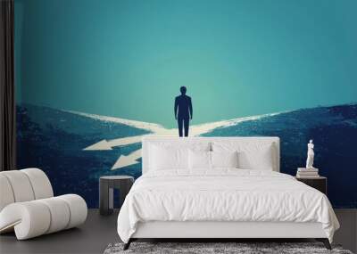 Person standing at the crossroads of three paths symbolizing decision making in life choices and career opportunities Wall mural