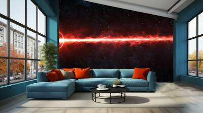 Red laser beam cutting through space with futuristic energy on a black starry background illustrating technology and science fiction concepts Wall mural