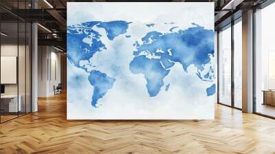 World map in watercolor blue on white background highlighting continents in an abstract and artistic style Wall mural