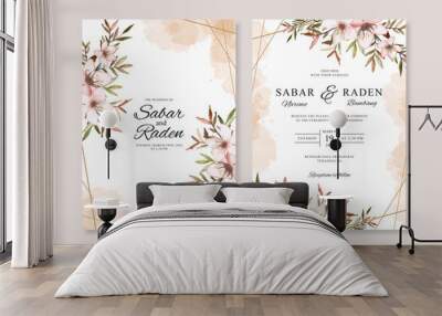 Wedding invitation template with hand drawn watercolor floral Wall mural