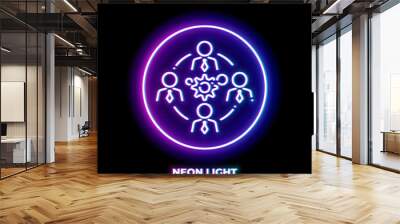 Business teamwork neon light line art vector icon. Outline symbol of people group around gears. Cooperation pictogram made of thin stroke. Isolated on background. Wall mural