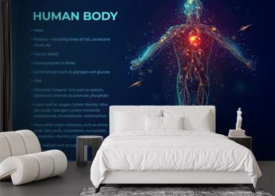 Human body front view abstract vector illustration made of colored neon particles on blue background Wall mural