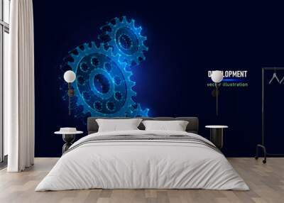 Three large cog wheels mechanism digital wireframe made of connected dots. Wall mural