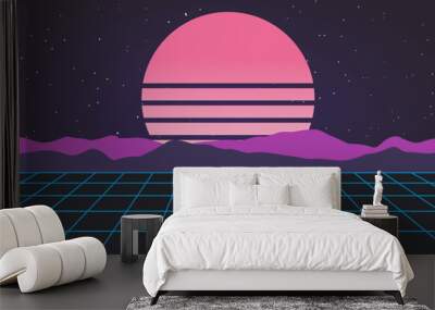 Vector futuristic synth retro wave illustration in 1980s posters style. Synthwave, retrowave wallpaper designs. Wall mural