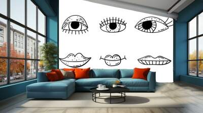 Set of doodle illustrations of cartoon eyes and lips. Beautiful eyes with lashes, bright painted lips. Wall mural