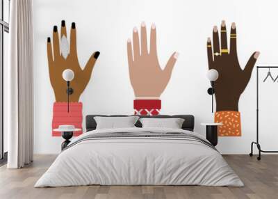 Set of female hands of different races with rings, bracelets, watches and manicure. Wall mural