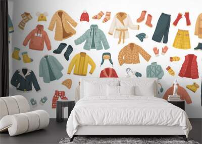 The vector set of winter clothes. Coats, hats, gloves, shoes and socks. Wall mural