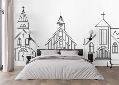 Vector set of illustrations of the Protestant Church. Religious architectural building. Outline Wall mural