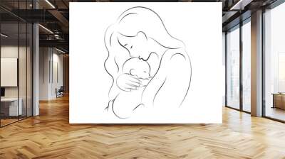 mother and baby stylized vector symbol, mom hugs her child logo template Wall mural