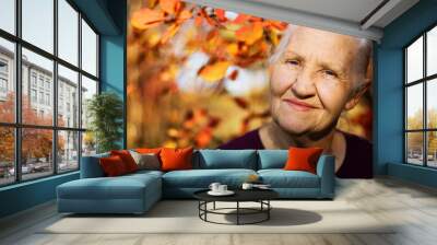 Portrait of the smiling elderly woman. A photo on the autumn background Wall mural