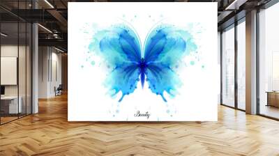 Beautiful blue watercolor abstract translucent butterfly on the white background. Wings look like wet watercolor splashing. Wall mural