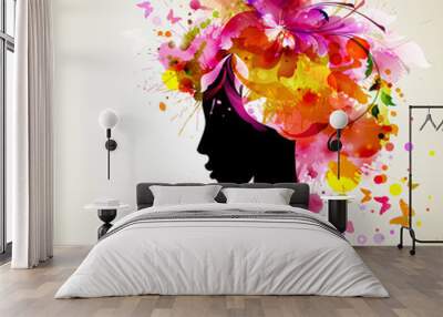 Beautiful women with abstract hair and design elements Wall mural