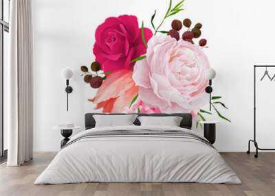 elegance flowers bouquet of color roses and tulip . composition with blossom flowers and branches. v Wall mural