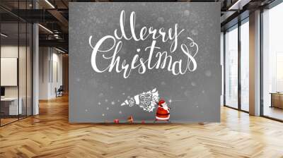 Merry Christmas hand drawn inscription and Santa Claus with stylized fir tree and gifts on the gray background. Wall mural