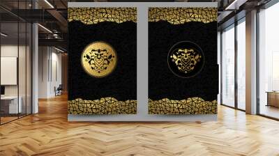 set of two banners with stylized golden and black lion head and gold texture decoration on the black background. Wall mural