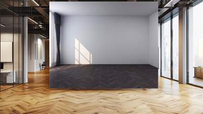 Empty room with white wall, dark herringbone wooden floor, wide panoramic window, a gray curtain. 3d illustration. Wall mural