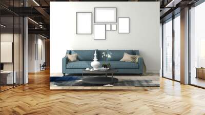 Mockup frame in living room with multiple frames and blue sofa. 3d illustration. 3d rendering Wall mural