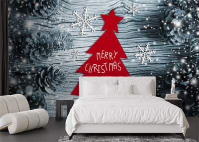 christmas decoration of pine cones on wooden background Wall mural